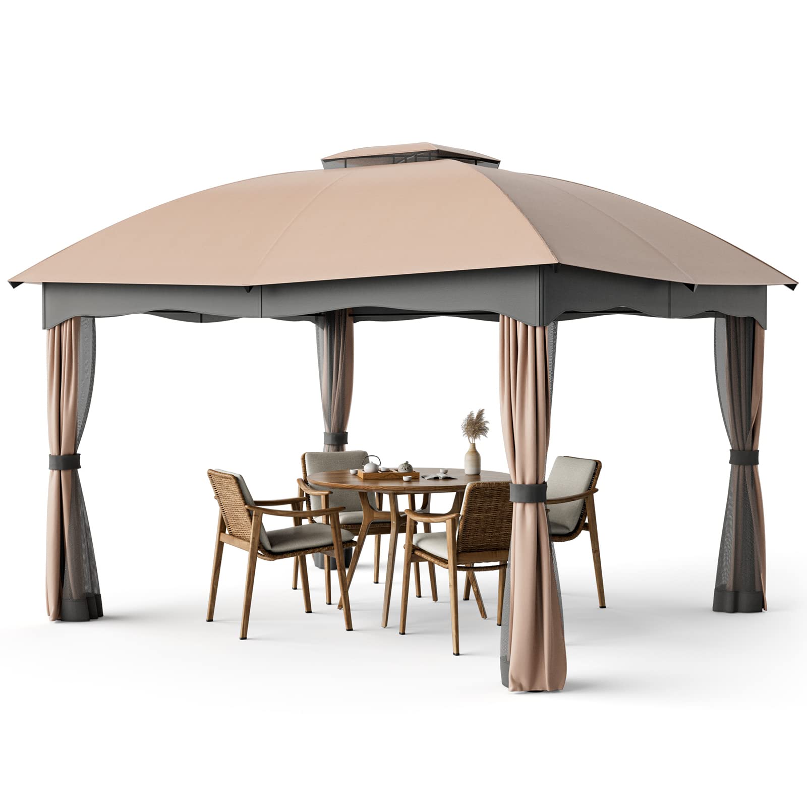 Tangkula 12x10 Ft Patio Gazebo, Double Vented Gazebo with Zippered Privacy Curtains